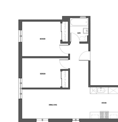 Floor plan for 2 beds, 2 baths, 735 sqft